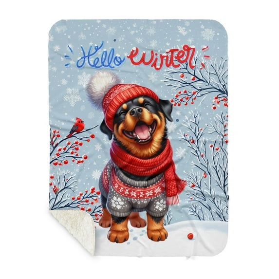 Hello Winter Rottweiler Smiling in Red Scarf Hat Welcome Christmas Cozy Sherpa Blanket Rottie Dog Lover Gifts Idea Warm Soft Throw Blanket - 00017