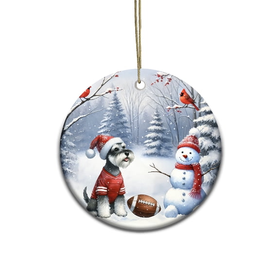 Hello Winter Schnauzer Football Snowman Welcome Snowy Morning Ceramic Round Ornament Miniature Schnauzer Dog Lover Home Tree Decor - 01012