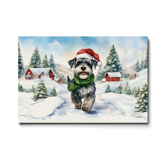 Hello Winter Schnauzer Frosty Morning Walk Welcome Snowy Christmas Horizontal Matte Canvas Poster Miniature Schnauzer Dog Lover Wall Art Home Decor - 02018