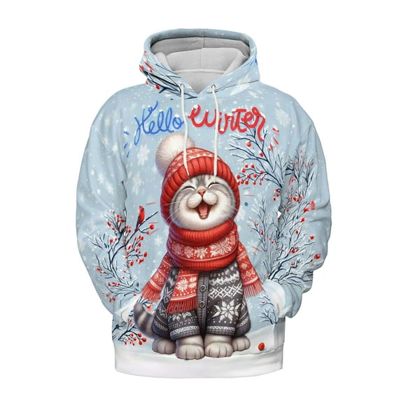 Hello Winter Scottish Fold Smiling in Red Scarf Hat Welcome Christmas All Over Print 3D Hoodie Unisex Merch Hoodies Cat Lover Kitten Owner Gifts - 00017