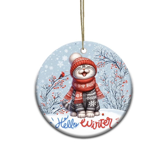 Hello Winter Scottish Fold Smiling in Red Scarf Hat Welcome Christmas Ceramic Round Ornament Cat Lover Kitten Owner Gifts Home Tree Decor - 00017