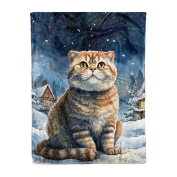 Hello Winter Scottish Fold Welcome Snowy Night Watercolor Vintage Cozy Fleece Blanket Cat Lover Kitten Owner Gifts Warm Soft Throw Blanket - 01011