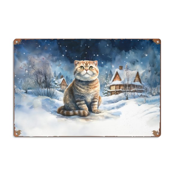 Hello Winter Scottish Fold Welcome Snowy Night Watercolor Vintage Horizontal Metal Aluminum Sign Cat Lover Kitten Owner Gifts Wall Art Home Decor - 01011