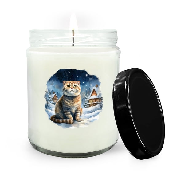 Hello Winter Scottish Fold Welcome Snowy Night Watercolor Vintage Soy Wax Candle Cat Lover Kitten Owner Gifts 16oz White Vanilla Candle - 01011
