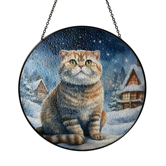 Hello Winter Scottish Fold Welcome Snowy Night Watercolor Vintage Stained Glass Suncatcher Cat Lover Kitten Owner Gifts Window Hanging Sign Decor - 01011