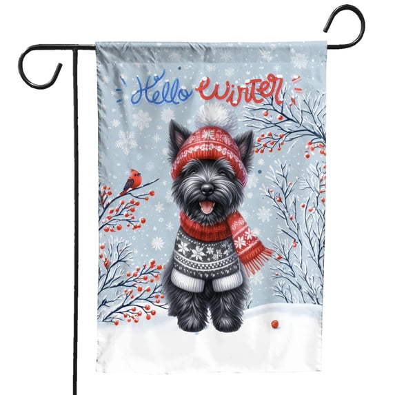 Hello Winter Scottish Terrier Smiling in Red Scarf Hat Welcome Christmas Garden Flag 12x18in Double Sided Scottie Dog Lover Gifts Outdoor Decor - 00017