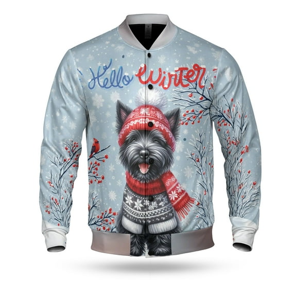 Hello Winter Scottish Terrier Smiling in Red Scarf Hat Welcome Christmas All Over Print 3D Baseball Jacket Scottie Dog Lover Gifts Bomber Jacket Softball - 00017