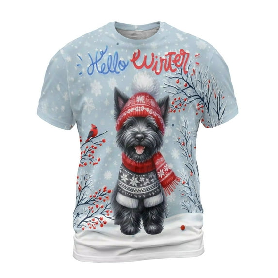 Hello Winter Scottish Terrier Smiling in Red Scarf Hat Welcome Christmas All Over Print 3D Shirt Unisex Merch Scottie Dog Lover Gifts - 00017