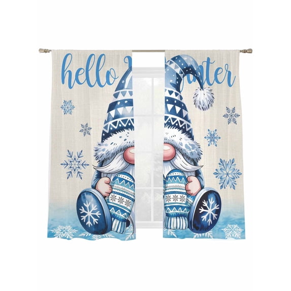 Hello Winter Sheer Curtains 72 Inch Long 2 Panels, Blue Gnome Snowflake Glove Watercolor Light Filtering Rod Pocket Semi Sheer Curtains, Sheer Voile Drapes for Living Room Bedroom, 52"x72"