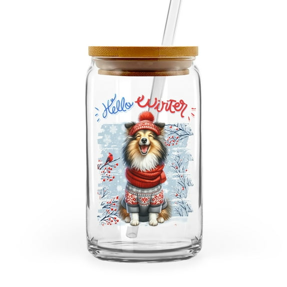 Hello Winter Shetland Sheepdog Smiling in Red Scarf Hat Welcome Christmas 16oz Glass Cup Mug Sheltie Dog Lover Gifts Glass Can with Bamboo Lid and Straw - 00017