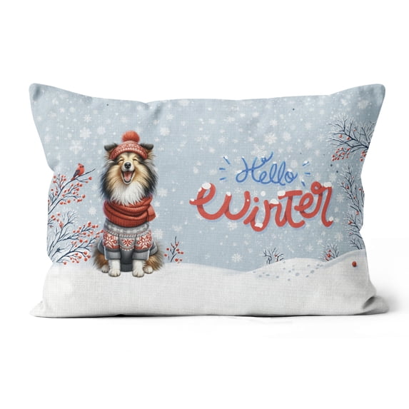 Hello Winter Shetland Sheepdog Smiling in Red Scarf Hat Welcome Christmas Pillow Cushion Double Sided Sheltie Dog Lover Gifts Throw Pillow - 00017