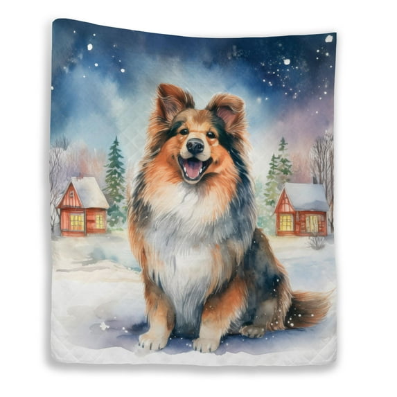 Hello Winter Shetland Sheepdog Welcome Snowy Night Watercolor Vintage Quilt Blanket Sheltie Dog Lover Gifts Cozy Comforter Throw Blanket - 01011