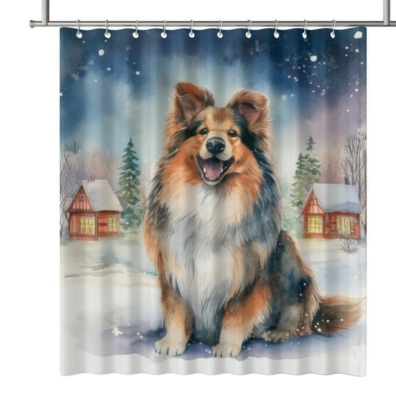 Hello Winter Shetland Sheepdog Welcome Snowy Night Watercolor Vintage Shower Curtain Sheltie Dog Lover Gifts Waterproof Bathroom Bathtub Curtain - 01011
