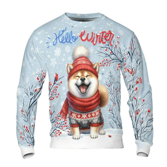 Hello Winter Shiba Inu Smiling in Red Scarf Hat Welcome Christmas All Over Print 3D Sweatshirt Unisex Merch Shibas Dog Lovers Gifts Idea - 00017