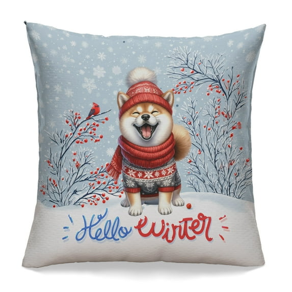 Hello Winter Shiba Inu Smiling in Red Scarf Hat Welcome Christmas Pillowcase Double Sided Shibas Dog Lovers Gifts Idea Pillow Case Covers - 00017