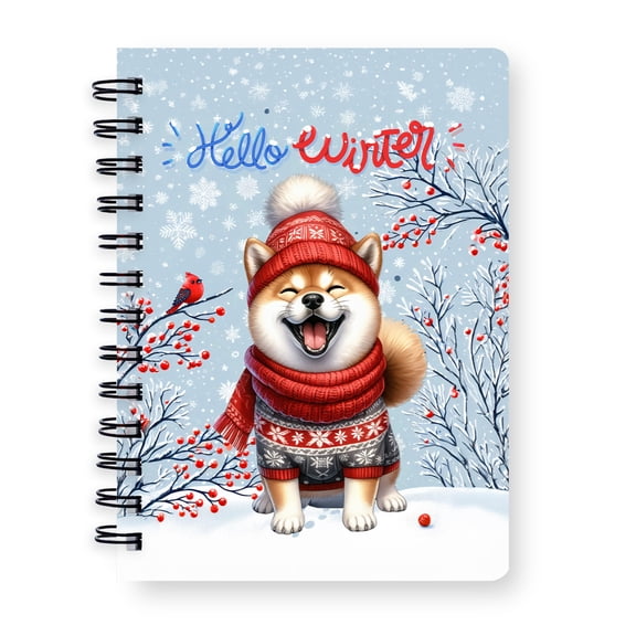 Hello Winter Shiba Inu Smiling in Red Scarf Hat Welcome Christmas Spiral Bound Journal Shibas Dog Lovers Gifts Idea 5x7in Spiral Notebook - 00017