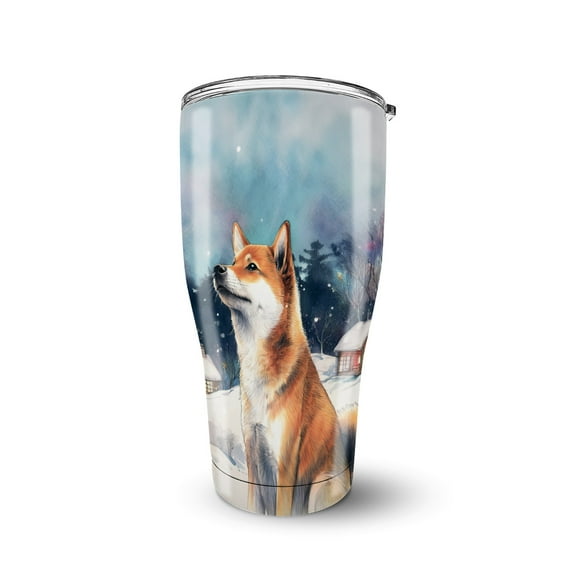 Hello Winter Shiba Inu Welcome Snowy Night Watercolor Vintage 30oz Stainless Steel Tumbler Insulated Cup with Lid Shibas Dog Lovers Gifts Idea - 01011