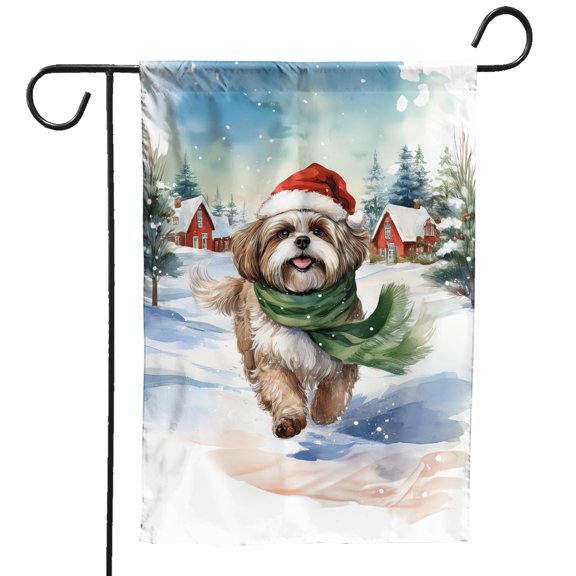 Hello Winter Shih Tzu Frosty Morning Walk Welcome Snowy Christmas Garden Flag 12x18in Double Sided Lion Dog Lover Gifts Outdoor Decor - 02018