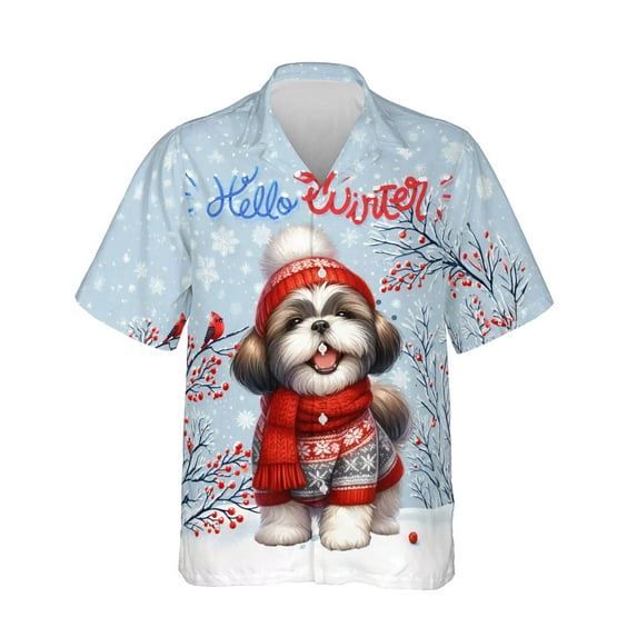 Hello Winter Shih Tzu Smiling in Red Scarf Hat Welcome Christmas Hawaiian Shirt Breathable Summer Unisex Merch Lion Dog Lover Gifts - 00017
