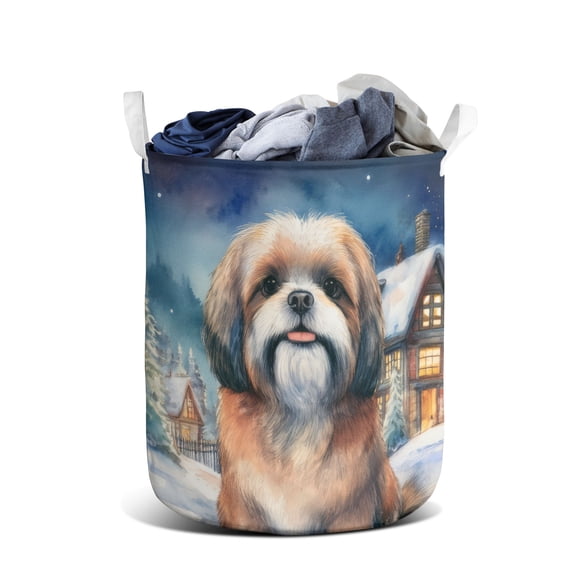Hello Winter Shih Tzu Welcome Snowy Night Watercolor Vintage Foldable Laundry Basket Lion Dog Lover Gifts Organizer Storage with Handles - 01011