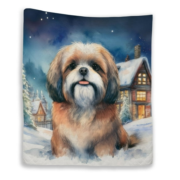 Hello Winter Shih Tzu Welcome Snowy Night Watercolor Vintage Quilt Blanket Lion Dog Lover Gifts Cozy Comforter Throw Blanket - 01011