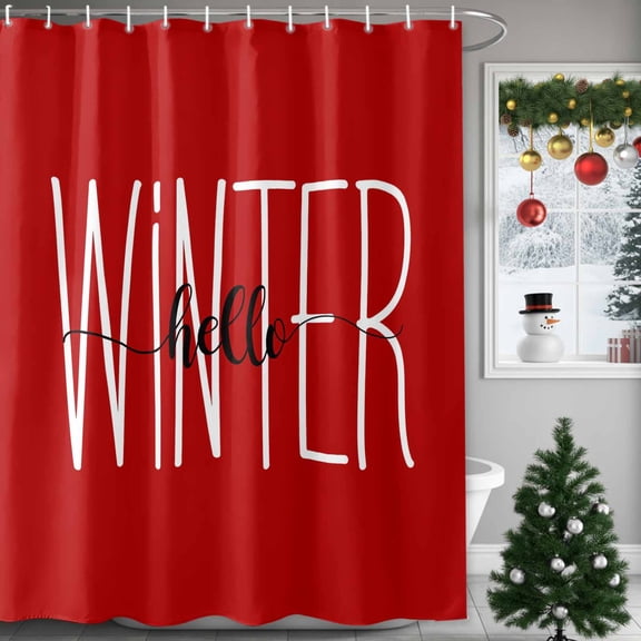 Hello Winter Shower Curtains for Bathroom, Red White Letter Retro Art Simple Decor Waterproof Fabric Shower Curtain for Bathroom Bathtub Decoration, Machine Washable, 54x"78"