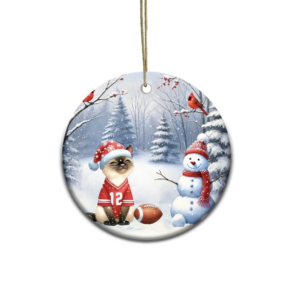 Hello Winter Siamese Football Snowman Welcome Snowy Morning Ceramic Round Ornament Cat Lover Kitten Owner Gifts Home Tree Decor - 01012