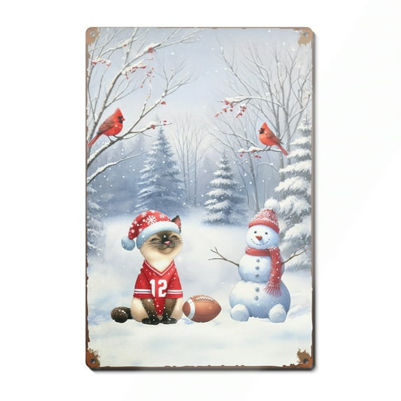 Hello Winter Siamese Football Snowman Welcome Snowy Morning Vertical Metal Aluminum Sign Cat Lover Kitten Owner Gifts Wall Art Home Decor - 01012