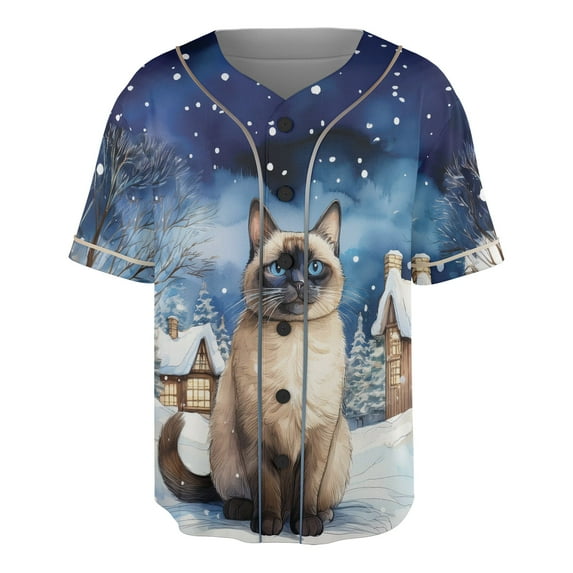 Hello Winter Siamese Welcome Snowy Night Watercolor Vintage All Over Print 3D Baseball Shirt Cat Lover Kitten Owner Gifts Softball Sport - 01011