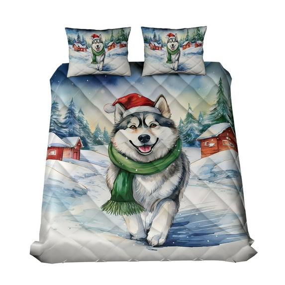 Hello Winter Siberian Husky Frosty Morning Walk Welcome Snowy Christmas Quilt Bedding Set Husky Dog Lover Gifts 1 Blanket Bed Cover 2 Pillowcases - 02018