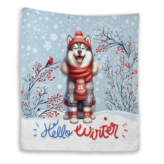 Hello Winter Siberian Husky Smiling in Red Scarf Hat Welcome Christmas Quilt Blanket Husky Dog Lover Gifts Cozy Comforter Throw Blanket - 00017