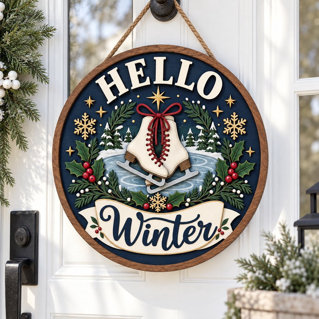 Simple Hello. Sign Image Hello Winter Sign Snowy Pine Tree and Ski Boots Wood Door Hanger ...