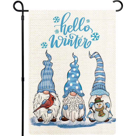 Hello Winter Snow Gnome Garden Flags for Outside, Cute Gnomes Winter Welcome Yard Flag, Burlap Seasonal Winter Christmas Holiday Flag 12.5x18 Double Sided for Yard Lawn Farmhouse Decor