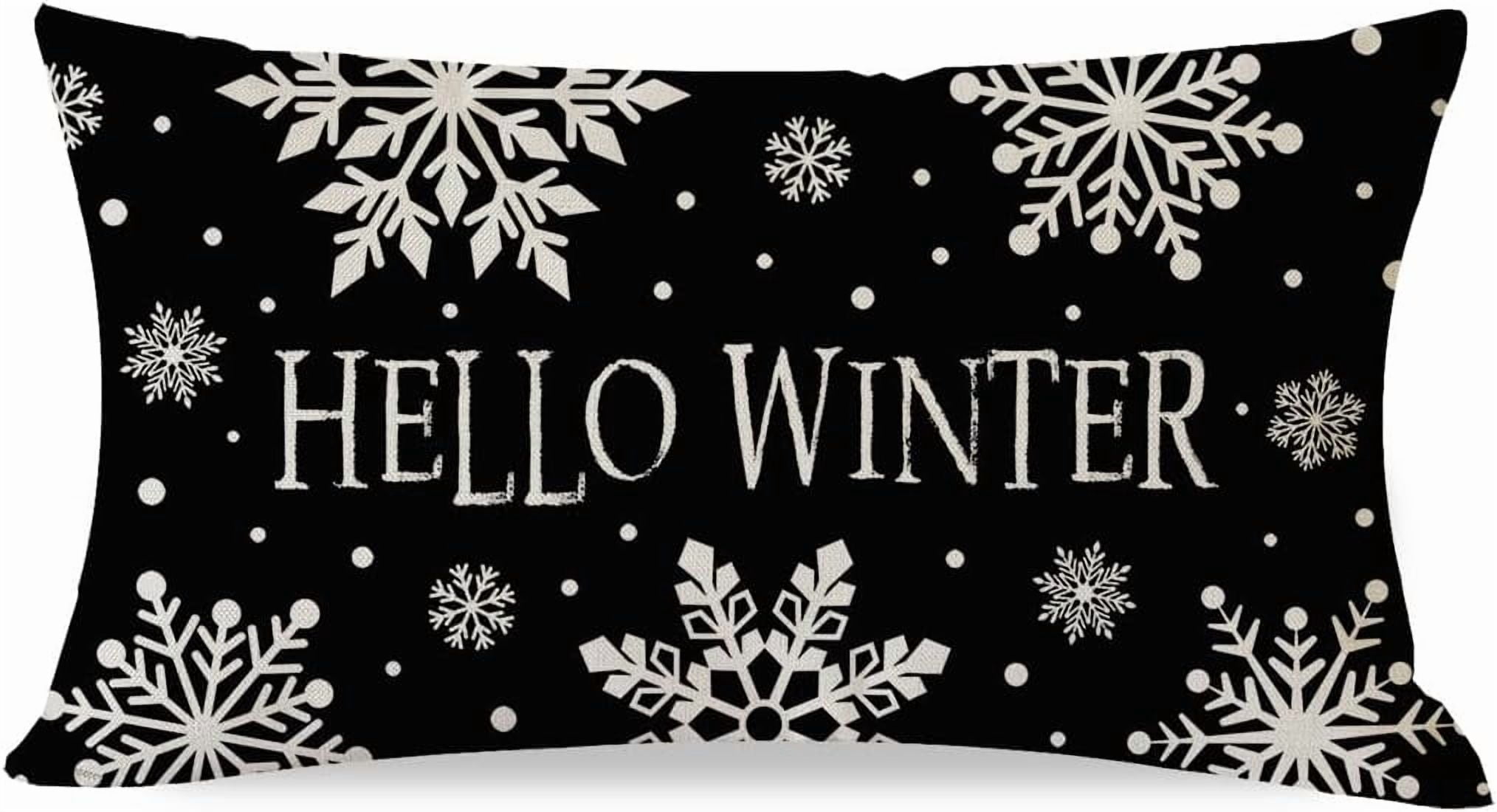 Hello Winter Snowflake Christmas Throw Pillow Cover 12x20 Inch Black ...