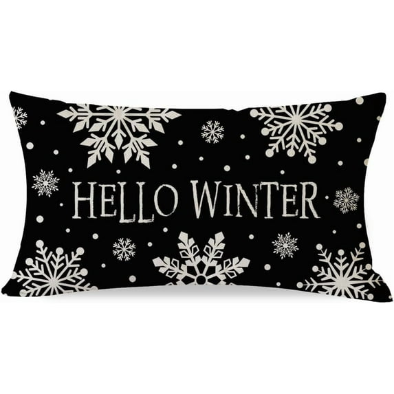 Hello Winter Snowflake Christmas Throw Pillow Cover 12x20 Inch Black White Outdoor Modern Farmhouse Christmas Decorations Xmas Holiday Lumbar Decorative Pillow Case for Couch Porch Decor
