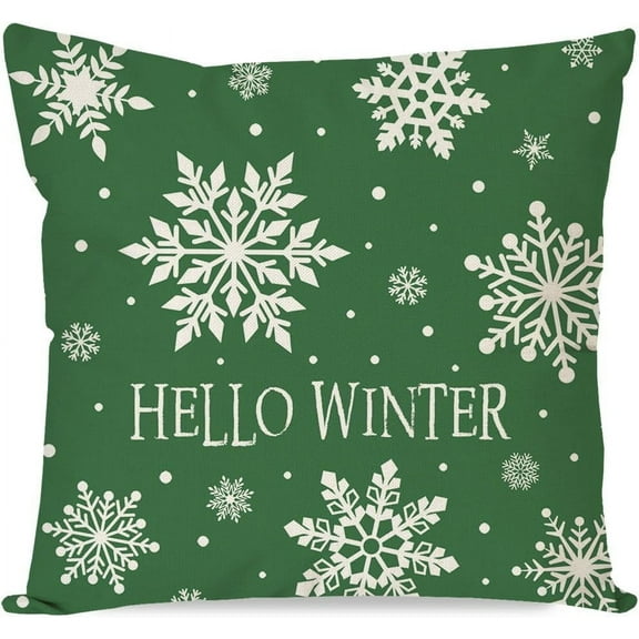 Hello Winter Snowflake Christmas Throw Pillow Cover 18x18 Inch Green Outdoor Christmas Decorations Xmas Seasonal Holiday Decorative Throw Pillow Case for Home Living Room Couch Porch Decor