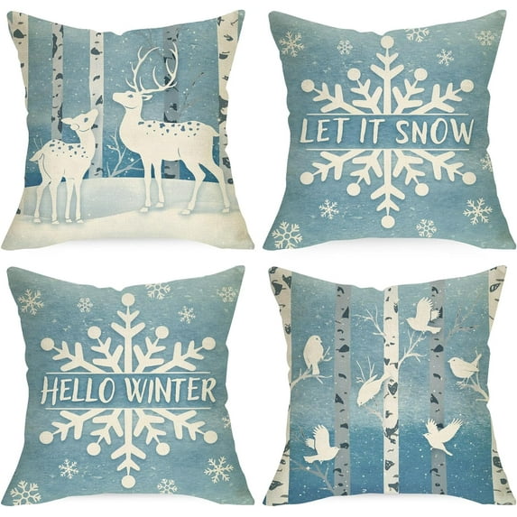 Hello Winter Snowflake Decorative Throw Pillow Covers 18x18 Set of 4, Let It Snow Wonderland Reindeer Bird Blue Cushion Case Decor, Snowy Forest Seasonal Farmhouse Home Decoration for Sofa Couch