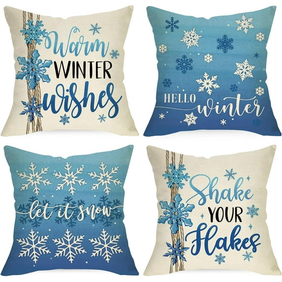 Hello Winter Snowflake Decorative Throw Pillow Covers 18x18 Set of 4, Warm Winter Wishes Shake Your Hakes Blue Cushion Case Decor, Let It Snow Christmas Holiday Seasonal Home Decoration PC