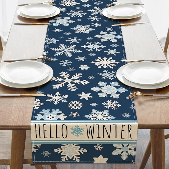 Hello Winter Snowflake Dining Table Runner, Navy Blue Snow Burlap Kitchen Decoration, Christmas Seasonal Indoor Outdoor Home Decor Party Supply 13.8 x 71 Inches