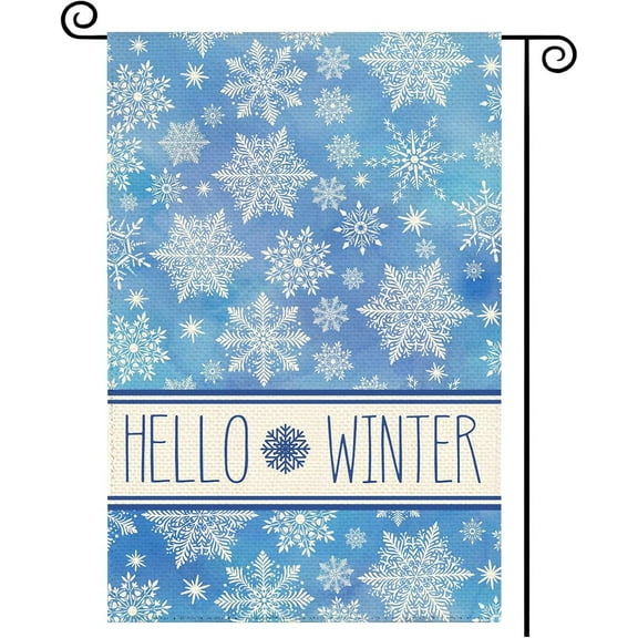 Hello Winter Snowflake Garden Flag 12.5x18 Double Sided Blue Snow Winter Holiday Yard Outdoor Decorative Flag
