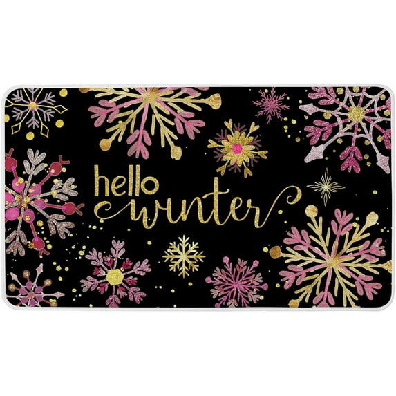 Hello Winter Snowflake Welcome Doormat Rug Golden Pink Snow Indoor Outdoor Door Mat Christmas Entrance Non Slip Rubber Backing Front Mat Kitchen Floor Decoration 17 x 29 Inch (Pink)