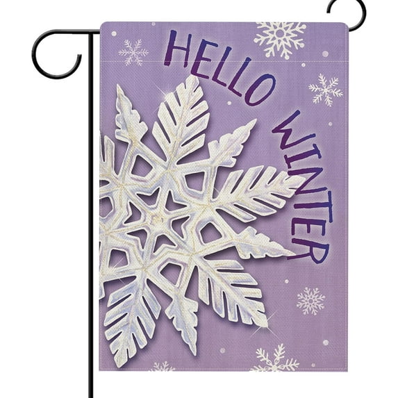 Hello Winter Snowflakes Garden Flag Double Sided, Christmas Snow Black Decorative Yard Outdoor Home Small Decor, Seasonal Burlap Outside House Decoration 12.5 x 18