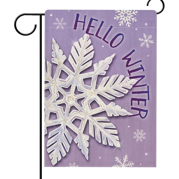 Hello Winter Snowflakes Garden Flag Double Sided, Christmas Snow Black Decorative Yard Outdoor Home Small Decor, Seasonal Burlap Outside House Decoration 12.5 x 18