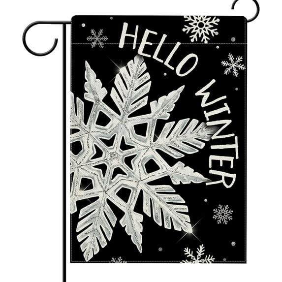 Hello Winter Snowflakes Garden Flag Double Sided, Christmas Snow Black Decorative Yard Outdoor Home Small Decor, Seasonal Burlap Outside House Decoration 12.5 x 18
