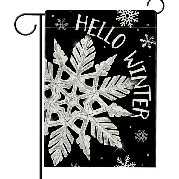 Hello Winter Snowflakes Garden Flag Double Sided, Christmas Snow Black Decorative Yard Outdoor Home Small Decor, Seasonal Burlap Outside House Decoration 12.5 x 18