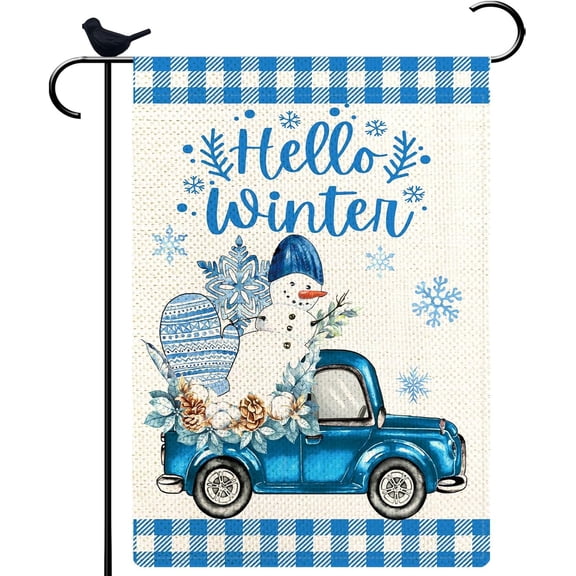 Hello Winter Snowman Garden Flag Garden Flag Truck Buffalo Plaid Check Outside Decoration Burlap Small Flag Decor Double Sided 12.5x18 for Winter Farmhouse Outdoor Flag Decor