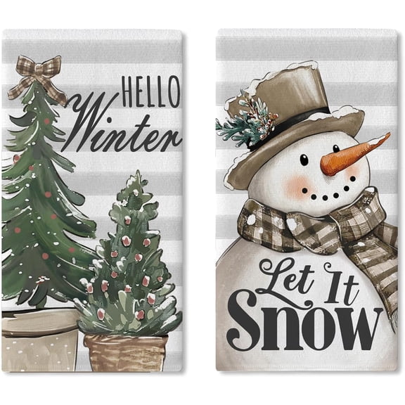 Hello Winter Snowman Kitchen Dish Towels Set of 2, Let It Snow Christmas Tree Drying Hand Towel Baking Cooking Cloth, Grey Stripes Seasonal Bathroom Home Decoration 18'''' x 26''''