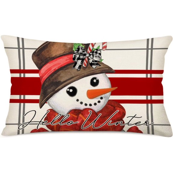 Hello Winter Snowman Throw Lumbar Pillow Covers 12x20 Inch Christmas Decorations Red Stripes Christmas Farmhouse Pillows Decorative Cute Xmas Holiday Cushion Case for Winter Home Decor