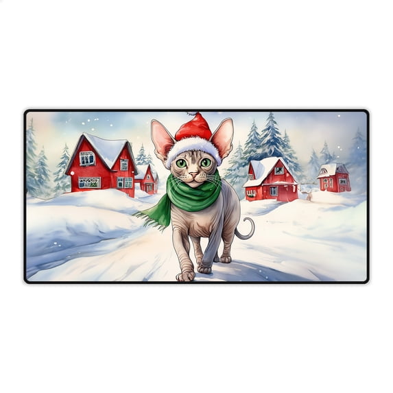 Hello Winter Sphynx Frosty Morning Walk Welcome Snowy Christmas Desk Mat Full Keyboard Mouse Pad Cat Lover Kitten Owner Gifts Idea Large Mousepad - 02018
