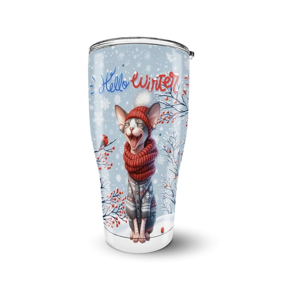 Hello Winter Sphynx Smiling in Red Scarf Hat Welcome Christmas 30oz Stainless Steel Tumbler Insulated Cup with Lid Cat Lover Kitten Owner Gifts Idea - 00017